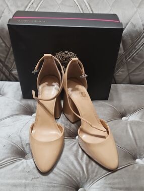 Vince Camuto Beige Patent Ankle-Strap Block Heels